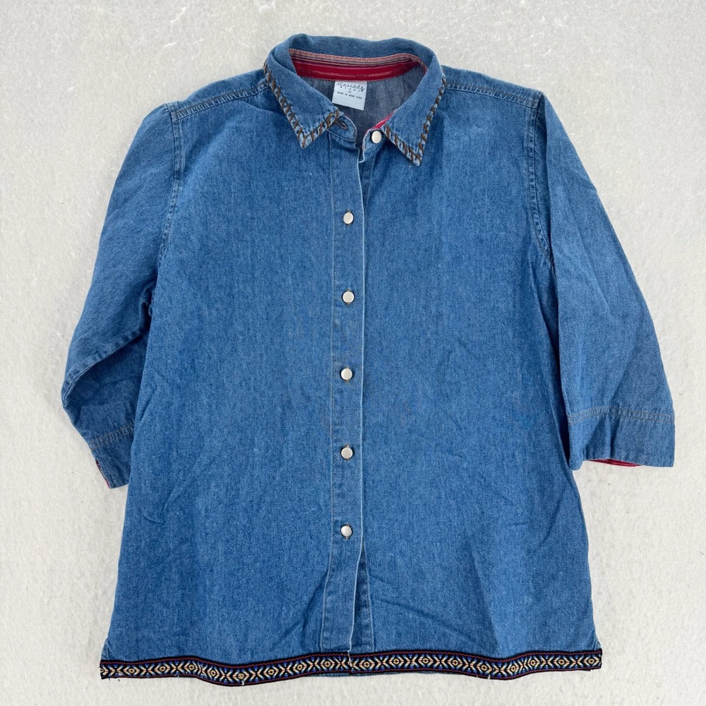 Cascade Blues - VTG Denim Shirt Southwestern Trim Whipstitch - Blue - M - Womens
